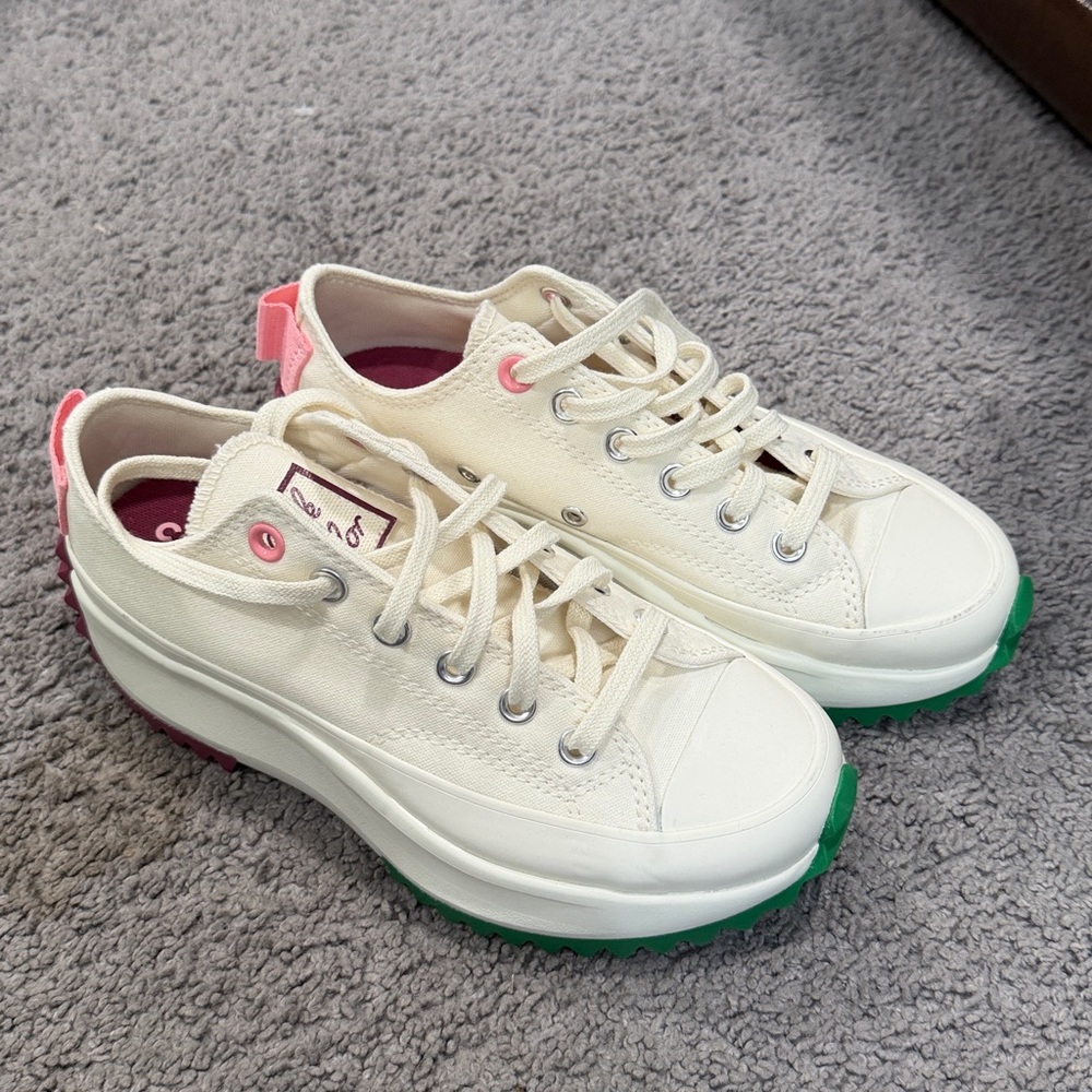 Converse Cream Sneakers with Pink and Green Accents